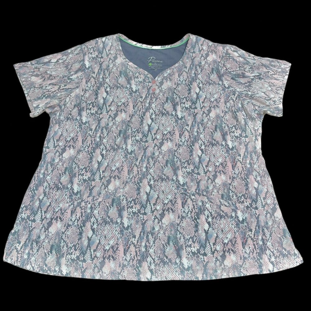Premiere By Healing Hands Women’s Scrub Top Pink Gray Snake Skin Print Plus 2X